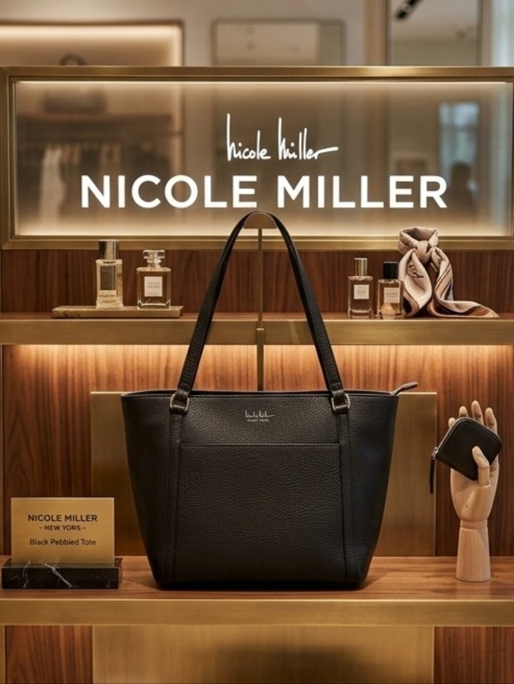 Nicole Miller Women's Black Pebbled Leather Large Tote Bag